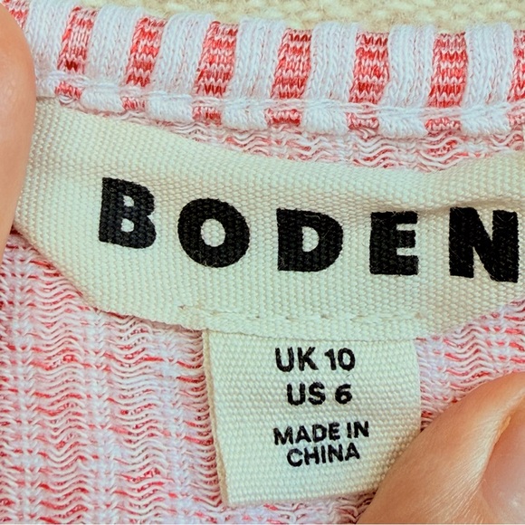 Boden Pink Red White Ruffled Off Shoulder Ribbed Top Blouse Seersucker Stripe 6 - Picture 7 of 9